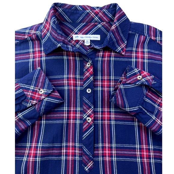 Southern Tide Women's Plaid Shirt Dress Size Medium Long Sleeve Roll Tab Navy - Picture 2 of 12